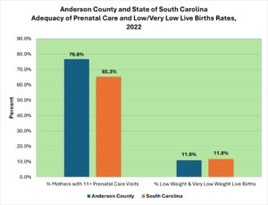 Chart of showing the rate of prenatal care and low/very birth rates and Deaths, 2022