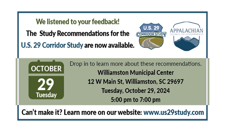 Calendar Invitation to US 29 Corridor Study Recommendations at the Williamston Municipal Center on October 29 from 5-7 pm.
