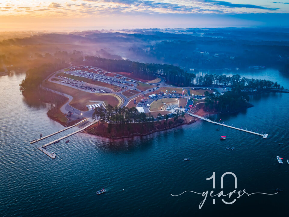 Beautiful morning sunrise as the fog lifts from Lake Hartwell over Green Pond Landing.