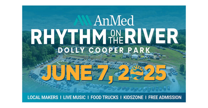 Aerial view of MJ Dolly Cooper Park with festival information display over the image. The Rhythm on the River is set for June 7th from 1 pm - 8 pm.