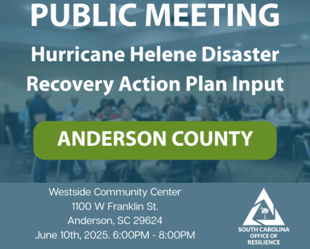 Crowd of people in a meeting with a blue overlay providing details of a public input meeting for Hurricane Helene Disaster Recovery Action Plan Input meeting at the Westside Community Center on Tuesday, June 10, 2025 from 6 to 8 PM.
