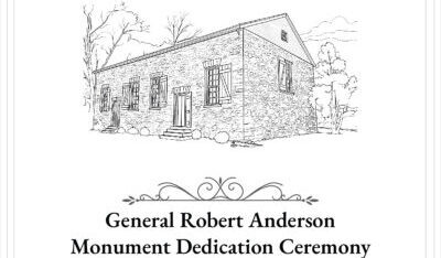 Pencil drawing of a stone church nestled in trees.