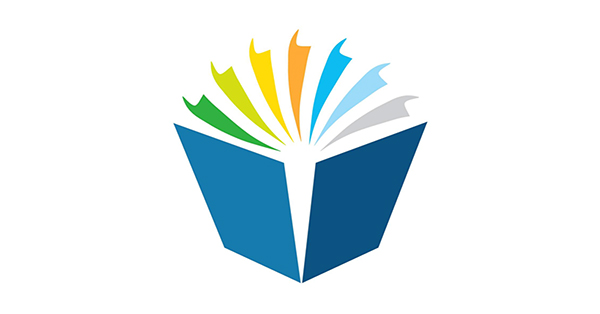 Stylized open book logo with pages fanning upward in green, yellow, orange, blue, light blue, and gray above a blue book base.