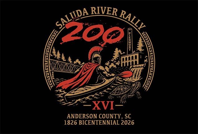A stylized event logo on a black background for the “Saluda River Rally 200 – XVI.” The artwork shows a Spartan-like paddler in a red cape kayaking on a river beside a turtle, with a bridge, trees, and an old mill in the background. Gold and red lettering surrounds the circular design, and the bottom text reads: “Anderson County, SC – 1826 Bicentennial 2026.